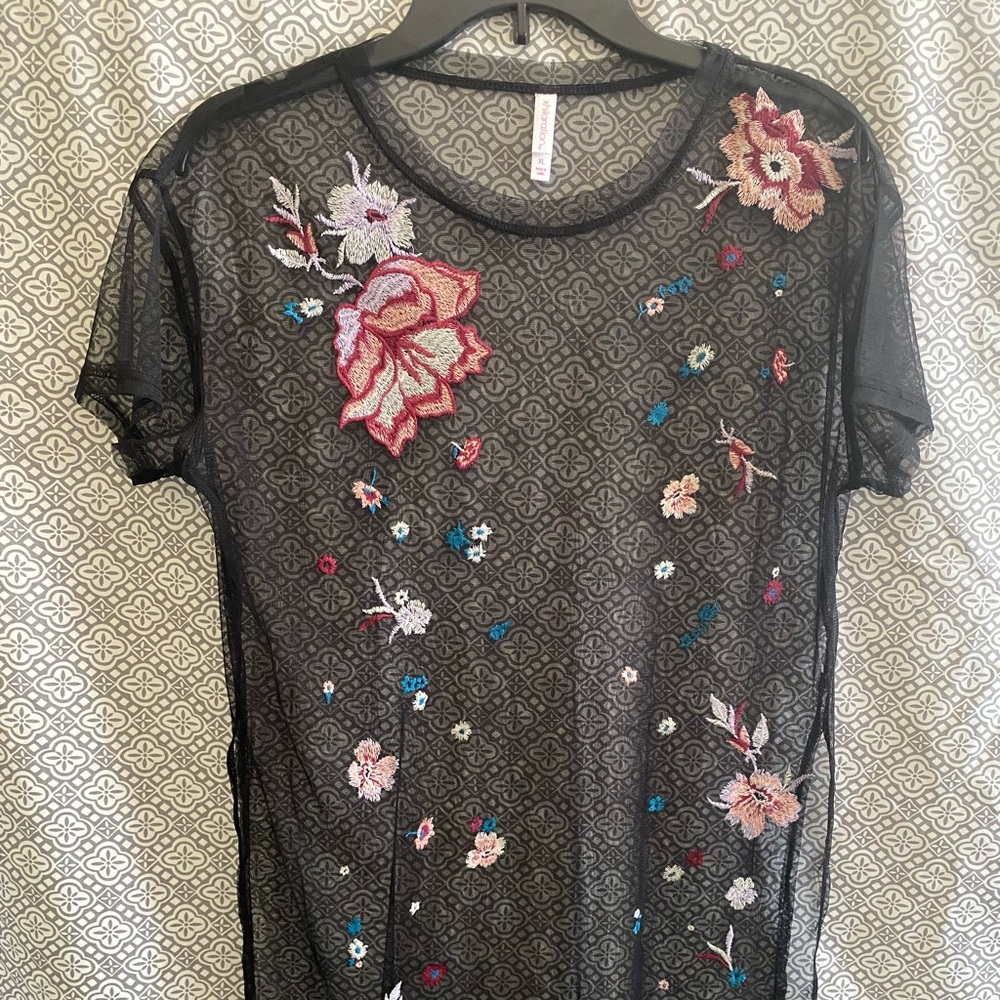 Xhilaration Black Sheer Mesh Floral Top